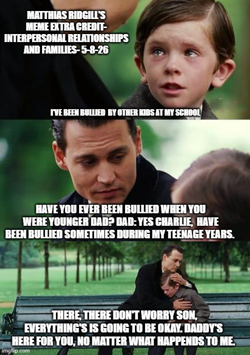 Finding Neverland | Matthias ridgill's meme extra credit- interpersonal relationships and families- 5-8-26; I've been bullied  by other kids at my school; have you ever been bullied when you were younger dad? Dad: yes charlie,  have been bullied sometimes during my teenage years. there, there don't worry son, everything's is going to be okay. Daddy's  here for you, no matter what happends to me. | image tagged in memes,finding neverland | made w/ Imgflip meme maker