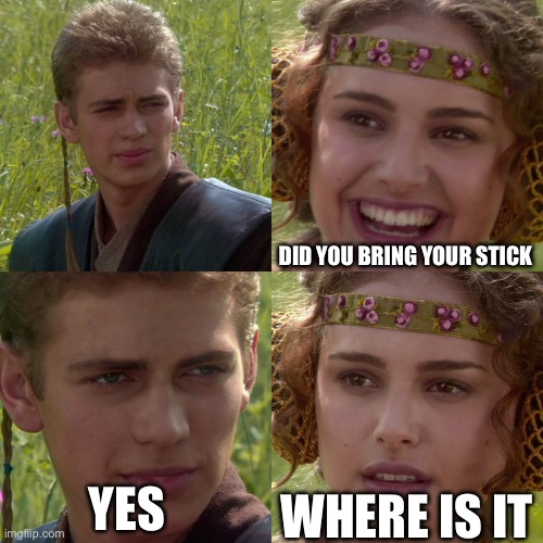 Faaaaaaaaaaaaaaaaaaaaa | Did you bring your stick; yes; where is it | image tagged in anakin padme 4 panel | made w/ Imgflip meme maker