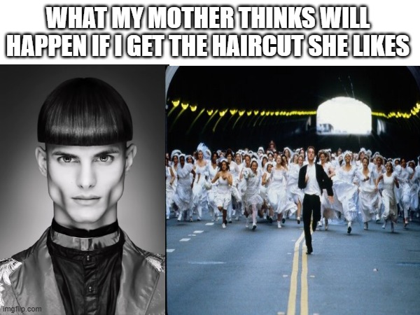 ''the girls will love this'' ahhh | What my mother thinks will happen if I get the haircut she likes | image tagged in memes | made w/ Imgflip meme maker