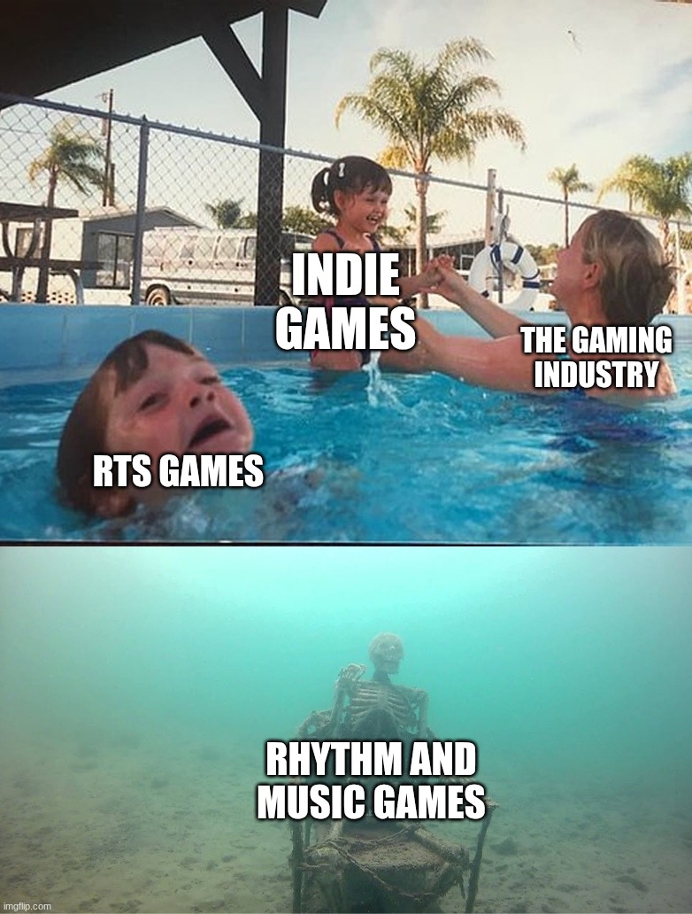 Gaming Genres that are on the rise, or dying (Pls don't hate me. It's just my opinion.) | Indie Games; The Gaming industry; RTS Games; Rhythm and Music Games | image tagged in mother ignoring kid drowning in a pool | made w/ Imgflip meme maker