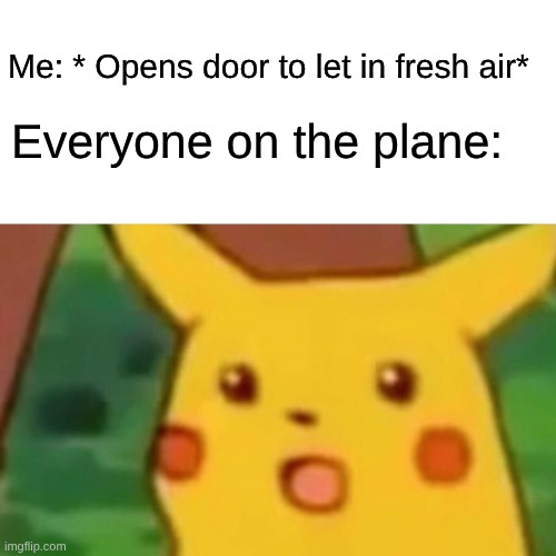 Isn't this a clever title? | Me: * Opens door to let in fresh air*; Everyone on the plane: | image tagged in memes,surprised pikachu | made w/ Imgflip meme maker