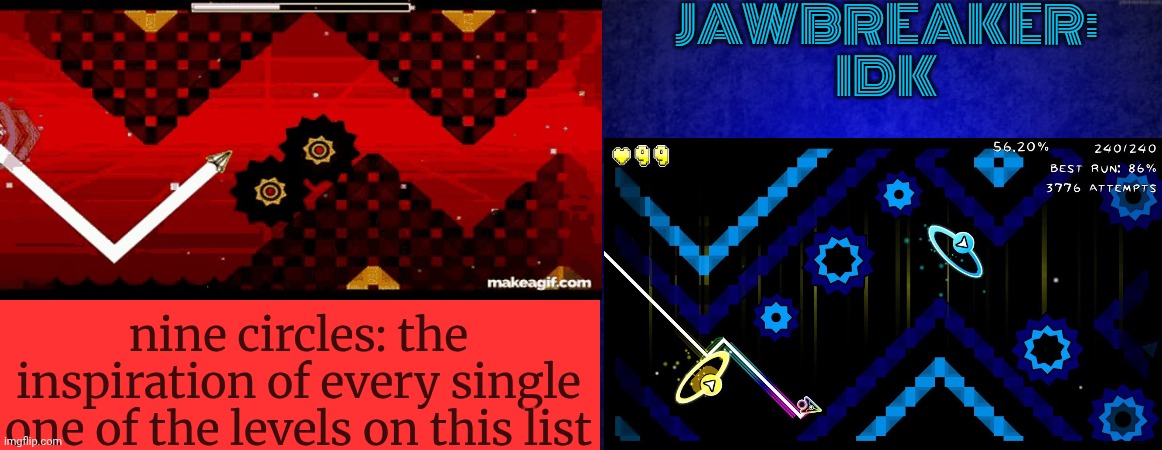 who proceeds? | jawbreaker: idk; nine circles: the inspiration of every single one of the levels on this list | image tagged in gd,geometry dash,nine circles,jawbreaker,vote one out | made w/ Imgflip meme maker