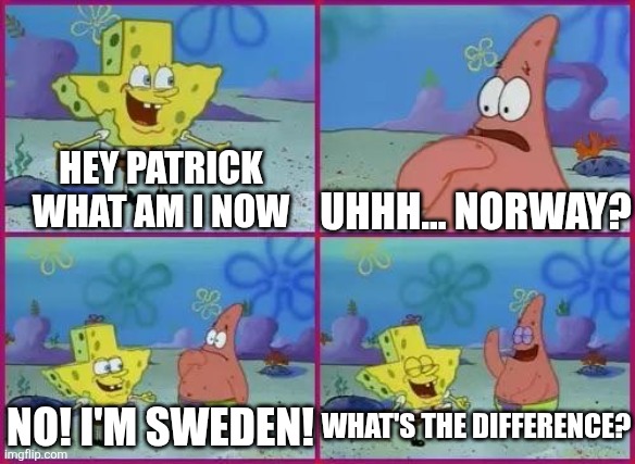 Texas Spongebob | Hey Patrick what am I now Uhhh... Norway? No! I'm Sweden! What's the difference? | image tagged in texas spongebob | made w/ Imgflip meme maker