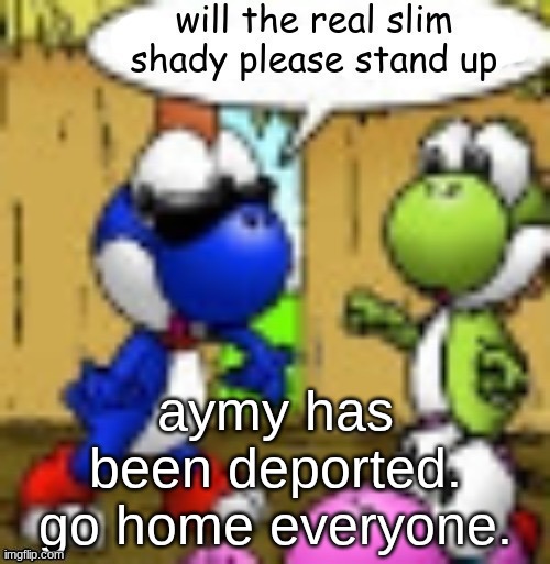 will the real slim shady please stand up | aymy has been deported. go home everyone. | image tagged in will the real slim shady please stand up | made w/ Imgflip meme maker