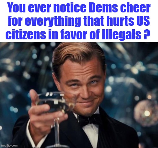 DEMS hate their country. , they should leave. | You ever notice Dems cheer for everything that hurts US citizens in favor of Illegals ? | image tagged in memes,leonardo dicaprio cheers | made w/ Imgflip meme maker