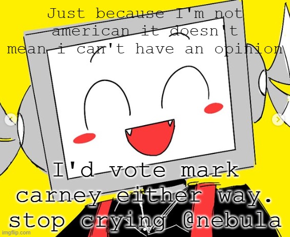BUTCHER VANITY ICY | Just because I'm not american it doesn't mean i can't have an opinion; I'd vote mark carney either way. stop crying @nebula | image tagged in butcher vanity icy | made w/ Imgflip meme maker
