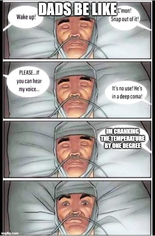 Coma | dads be like; Im cranking the temperature by one degree | image tagged in coma | made w/ Imgflip meme maker