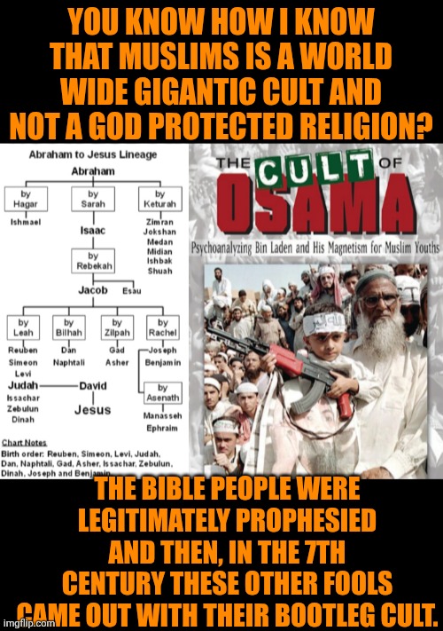 Funny | You know how I know that Muslims is a world wide gigantic cult and not a God protected religion? The Bible people were legitimately prophesied and then, in the 7th century these other fools came out with their bootleg cult. | image tagged in funny,politics,religion,cult,the bible,prophecy | made w/ Imgflip meme maker