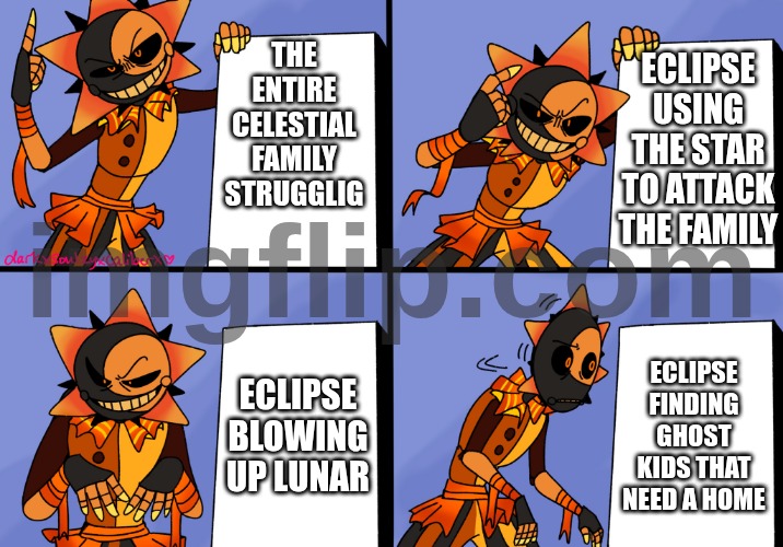 Eclipse explaining | Eclipse using the star to attack the family; the entire celestial family strugglig; Eclipse Blowing up lunar; Eclipse finding ghost kids that need a home | image tagged in gru meme but tsams eclipse | made w/ Imgflip meme maker