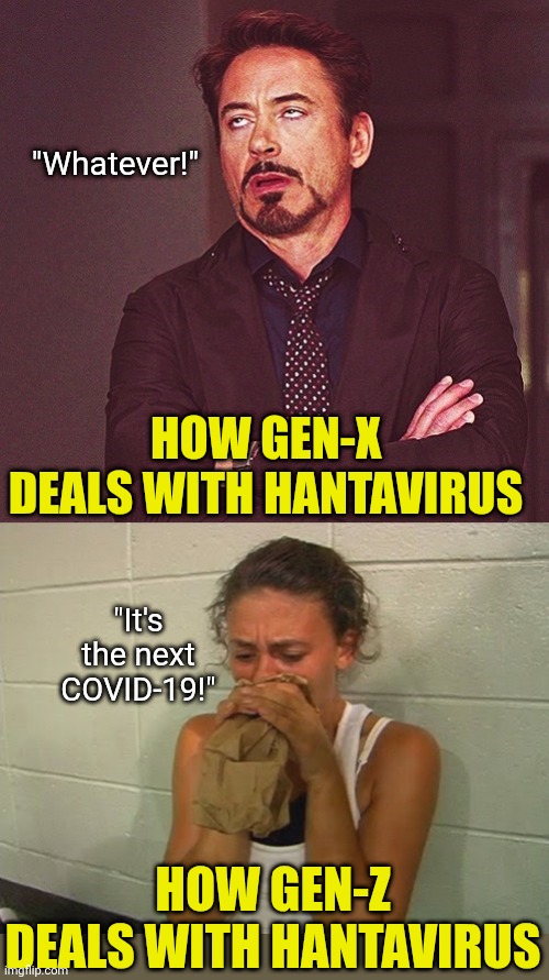Gen-Z calm down, hantavirus isn't coming to get you! | "Whatever!"; How gen-x deals with Hantavirus; "It's the next COVID-19!"; How gen-z deals with Hantavirus | image tagged in robert downey jr rolling eyes,don't panic,boomer humor millennial humor gen-z humor,virus,thinking,different | made w/ Imgflip meme maker