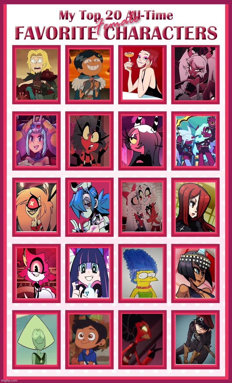 My top 20 all-time favorite female characters in all of fiction | image tagged in top 20,females,characters,deviantart,helluva boss,amphibia | made w/ Imgflip meme maker
