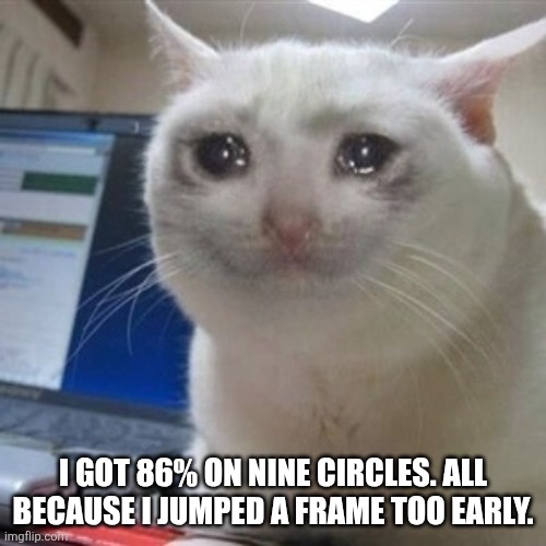 WWWWHHHHHYYYYYYYYYY?!?!??!?!?!?! | I got 86% on Nine Circles. All because I jumped a frame too early. | image tagged in crying cat | made w/ Imgflip meme maker