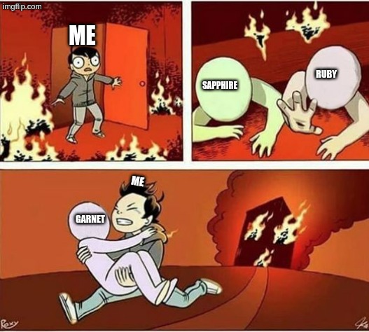 You Can Only Save one From Fire | me; ruby; sapphire; me; garnet | image tagged in you can only save one from fire,steven universe | made w/ Imgflip meme maker