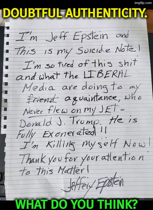 Jeffrey Epstein's suicide note, as written by his best friend. | Doubtful authenticity. What do you think? | image tagged in jeffrey epstein's suicide note as written by his best friend,jeffrey epstein,trump,forgery,liar,girls | made w/ Imgflip meme maker
