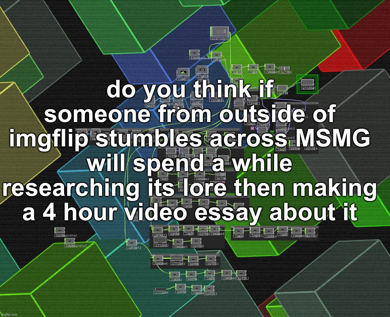 do you think if someone from outside of imgflip stumbles across MSMG will spend a while researching its lore then making a 4 hour video essay about it | made w/ Imgflip meme maker