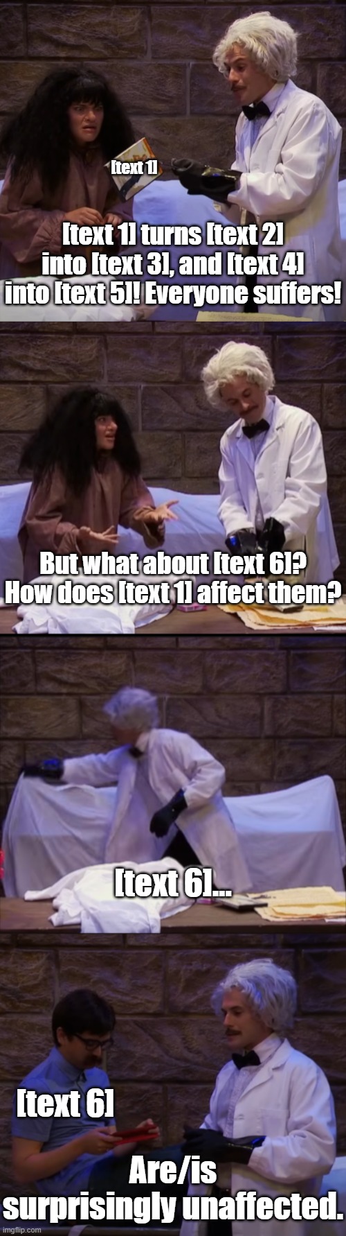 X are surprisingly unaffected template | [text 1]; [text 1] turns [text 2] into [text 3], and [text 4] into [text 5]! Everyone suffers! But what about [text 6]? How does [text 1] affect them? [text 6]... [text 6]; Are/is surprisingly unaffected. | image tagged in x are surprisingly unaffected | made w/ Imgflip meme maker
