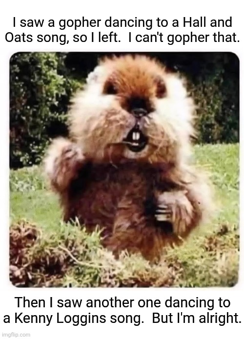 He was on a golf course. | I saw a gopher dancing to a Hall and Oats song, so I left.  I can't gopher that. Then I saw another one dancing to a Kenny Loggins song.  But I'm alright. | image tagged in gopher,caddyshack,hall and oats,kenny loggins,80's,pop music | made w/ Imgflip meme maker