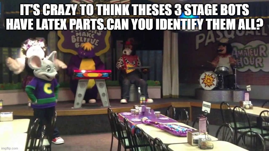 Chuck E Cheese birthday | it's crazy to think theses 3 stage bots have latex parts.can you identify them all? | image tagged in chuck e cheese birthday | made w/ Imgflip meme maker