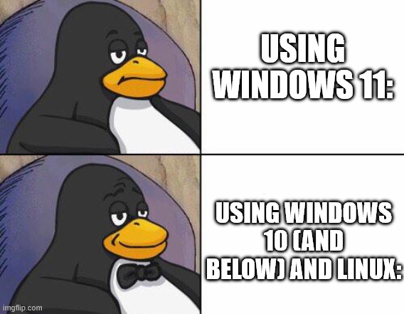 Linux Gentleman | Using windows 11:; Using windows 10 (and below) and Linux: | image tagged in linux gentleman | made w/ Imgflip meme maker