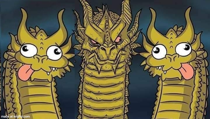 Three Headed Dragon, 2 Silly 1 Serious | image tagged in three headed dragon 2 silly 1 serious | made w/ Imgflip meme maker