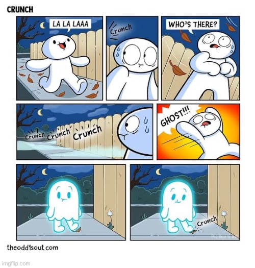 The Odd 1s Out | image tagged in comics,the odd 1s out,crunch,leaf,ghost,scared | made w/ Imgflip meme maker