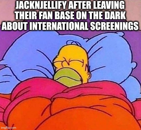 Did they ever care? | Jacknjellify after leaving their fan base on the dark about international screenings | image tagged in bfdi,jacknjellify,homer simpson sleeping peacefully | made w/ Imgflip meme maker