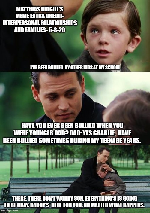 Finding Neverland | Matthias ridgill's meme extra credit- interpersonal relationships and families- 5-8-26; I've been bullied  by other kids at my school; have you ever been bullied when you were younger dad? Dad: yes charlie,  have been bullied sometimes during my teenage years. there, there don't worry son, everything's is going to be okay. Daddy's  here for you, no matter what happens. | image tagged in memes,finding neverland,remix | made w/ Imgflip meme maker