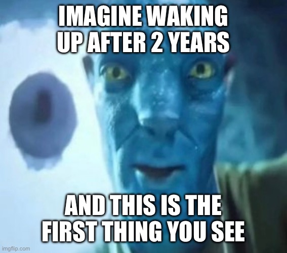 Avatar guy | Imagine waking up after 2 years; And this is the first thing you see | image tagged in avatar guy | made w/ Imgflip meme maker