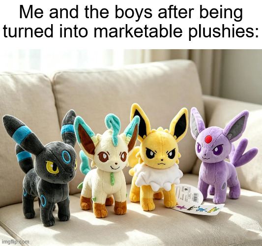 Saw this image and had to do it... (Thanks Chaos for the joke) | Me and the boys after being
turned into marketable plushies: | image tagged in il_1588xn 7988636858_3q0o webp,me and the boys,eevee | made w/ Imgflip meme maker