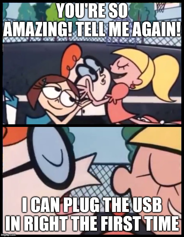Tech skills | You're so amazing! Tell me again! I can plug the usb in right the first time | image tagged in memes,say it again dexter,technology | made w/ Imgflip meme maker
