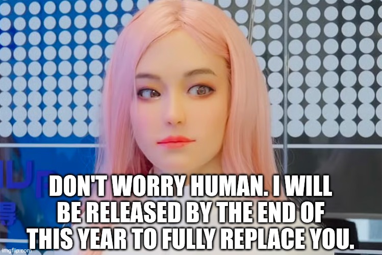 moya2.jpg | Don't worry human. I will be released by the end of this year to fully replace you. | image tagged in moya2 jpg | made w/ Imgflip meme maker