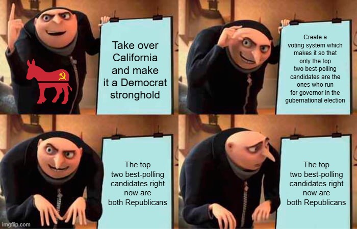 Hoist by his own petard! | Take over California and make it a Democrat stronghold; Create a voting system which makes it so that only the top two best-polling candidates are the ones who run for governor in the gubernational election; The top two best-polling candidates right now are both Republicans; The top two best-polling candidates right now are both Republicans | image tagged in memes,gru's plan,california,epic fail,backfire | made w/ Imgflip meme maker