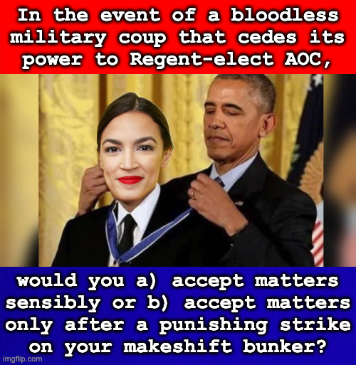 Hail the Empress! | In the event of a bloodless
military coup that cedes its
power to Regent-elect AOC, would you a) accept matters
sensibly or b) accept matters
only after a punishing strike
on your makeshift bunker? | image tagged in memes,normalization,aoc | made w/ Imgflip meme maker
