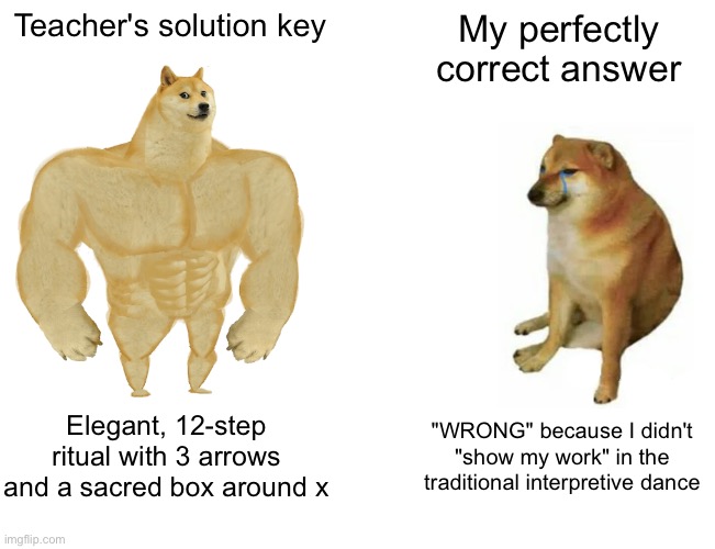 Buff Doge vs. Cheems Meme | Teacher's solution key; My perfectly correct answer; Elegant, 12-step ritual with 3 arrows and a sacred box around x; "WRONG" because I didn't "show my work" in the traditional interpretive dance | image tagged in memes,buff doge vs cheems,ai meme,lazy,school | made w/ Imgflip meme maker