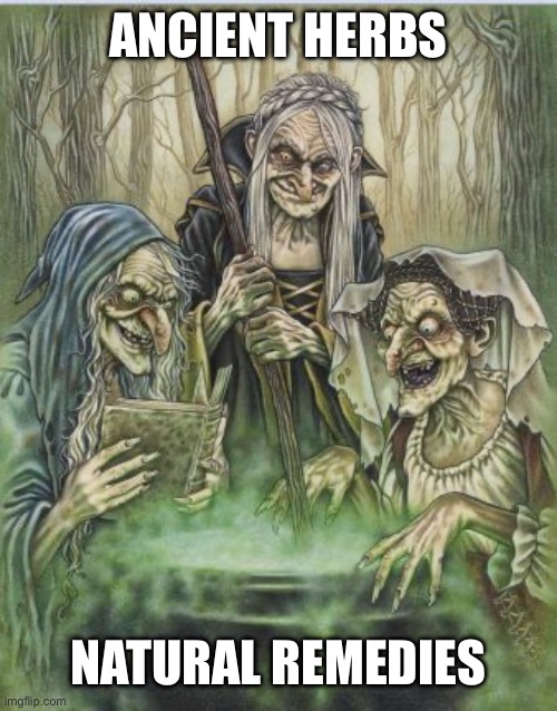 Macbeth Witches | Ancient herbs Natural remedies | image tagged in macbeth witches | made w/ Imgflip meme maker