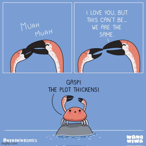 image tagged in flamingos,kissing,romance,crab,claws,the plot thickens | made w/ Imgflip meme maker