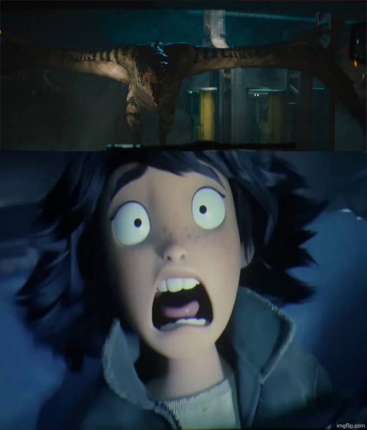 Mutadon scares Mabel Tanaka | image tagged in mutadon scares who blank meme,deviantart,jurassic world,hoppers,disney,pixar | made w/ Imgflip meme maker