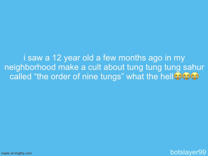 botslayer announcement temp | i saw a 12 year old a few months ago in my neighborhood make a cult about tung tung tung sahur called “the order of nine tungs” what the hell😭😭😭 | image tagged in botslayer announcement temp | made w/ Imgflip meme maker
