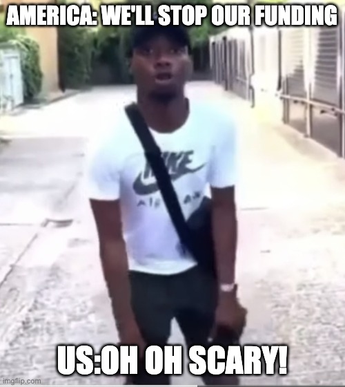 oh oh scary | America: We'll stop our funding Us:Oh oh scary! | image tagged in oh oh scary | made w/ Imgflip meme maker