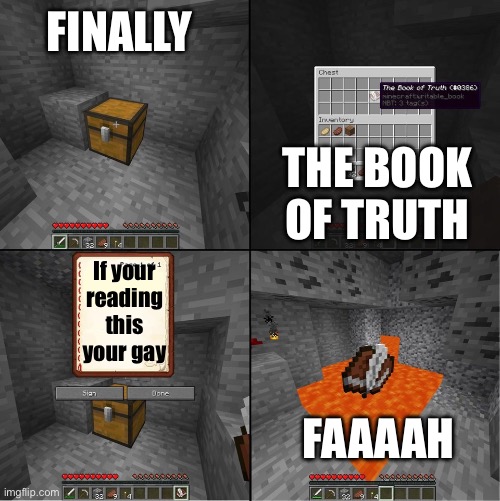 Book of Truth (minecraft) | Finally; The book of truth; If your reading this your gay; Faaaah | image tagged in book of truth minecraft | made w/ Imgflip meme maker
