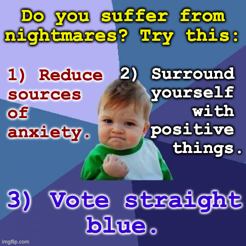 Works best when adopted as a lifestyle. | Do you suffer from nightmares? Try this:; 1) Reduce
sources
of
anxiety. 2) Surround 
yourself 
with 
positive 
things. 3) Vote straight
blue. | image tagged in memes,success kid,nightmares,vote straight blue | made w/ Imgflip meme maker