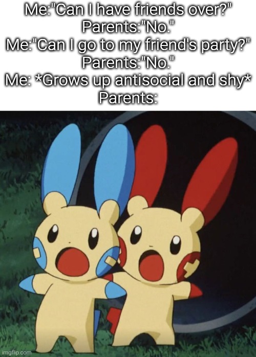 Looks like they played themselves. | Me:"Can I have friends over?"
Parents:"No."
Me:"Can I go to my friend's party?"
Parents:"No."
Me: *Grows up antisocial and shy*
Parents: | image tagged in memes,parents | made w/ Imgflip meme maker