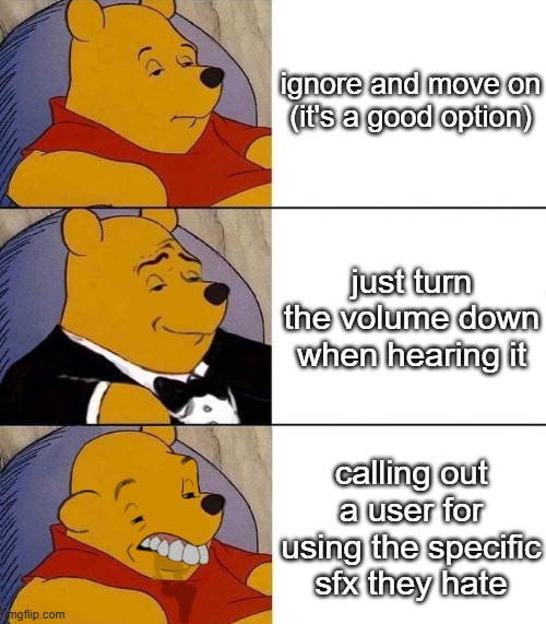 Can't these logokids just turn down the volume when hearing it?! | ignore and move on
(it's a good option); just turn the volume down when hearing it; calling out a user for using the specific sfx they hate | image tagged in best better blurst | made w/ Imgflip meme maker