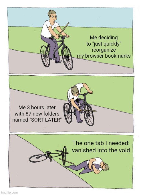 Lol | Me deciding to "just quickly" reorganize my browser bookmarks; Me 3 hours later with 87 new folders named "SORT LATER"; The one tab I needed: vanished into the void | image tagged in memes,bike fall | made w/ Imgflip meme maker