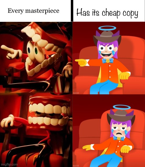 Caine inspired me to do this for my OC The Great Emojini through this absurd redraw of that clip from a merch ad. | image tagged in every masterpiece has its cheap copy,emojini laughing then bored,emojini,the great emojini,the amazing digital circus,tadc | made w/ Imgflip meme maker