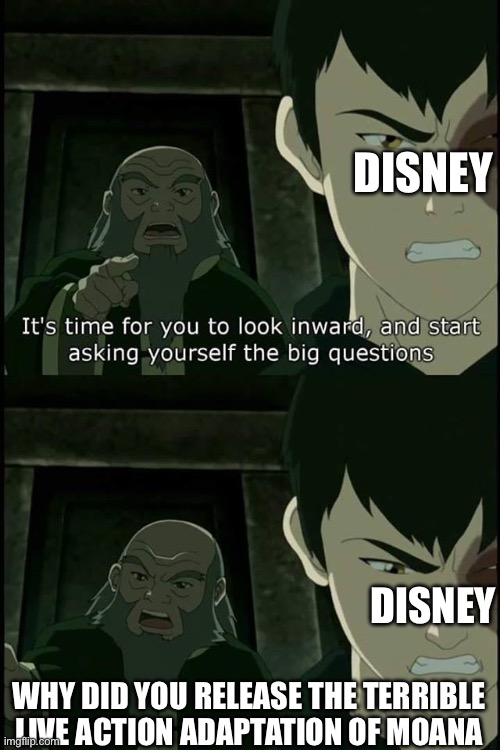 Iroh hates the Disney live action adaptation of Moana movie | Disney; Disney; Why did you release the terrible live action adaptation of Moana | image tagged in iroh big questions | made w/ Imgflip meme maker
