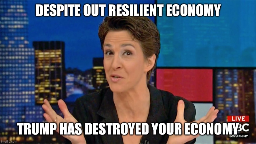 Rachel Maddow Blame Face | Despite out resilient economy Trump has destroyed your economy | image tagged in rachel maddow blame face | made w/ Imgflip meme maker