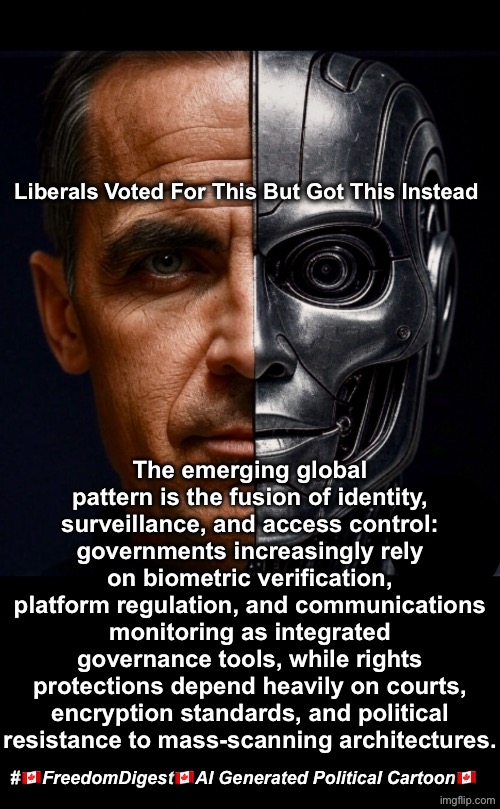 Canadian Technocracy | Liberals Voted For This But Got This Instead; The emerging global pattern is the fusion of identity, surveillance, and access control: governments increasingly rely on biometric verification, platform regulation, and communications monitoring as integrated
governance tools, while rights protections depend heavily on courts, encryption standards, and political resistance to mass-scanning architectures. #🇨🇦FreedomDigest🇨🇦Al Generated Political Cartoon🇨🇦 | image tagged in canadian politics | made w/ Imgflip meme maker