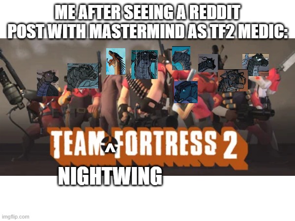 team nightwing fortress 2 (tnf2) | me after seeing a reddit post with mastermind as tf2 medic:; ^
nightwing | made w/ Imgflip meme maker