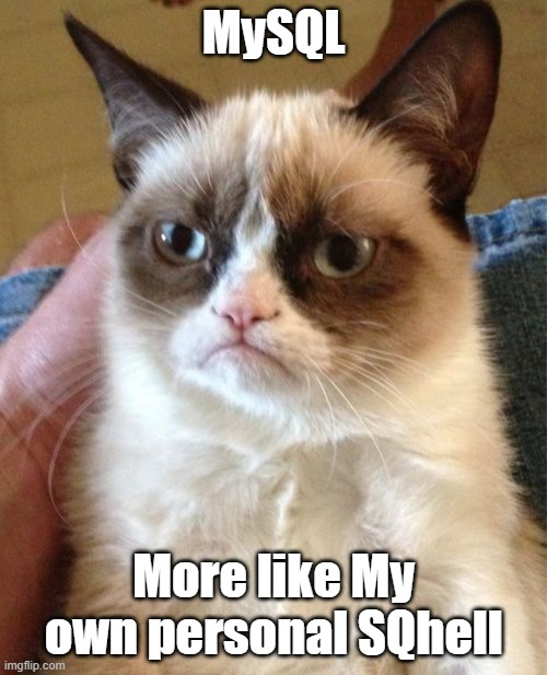 coding (& white hat hacking) is hard | MySQL; More like My own personal SQhell | image tagged in memes,grumpy cat,code,coding,hackers,hacker | made w/ Imgflip meme maker